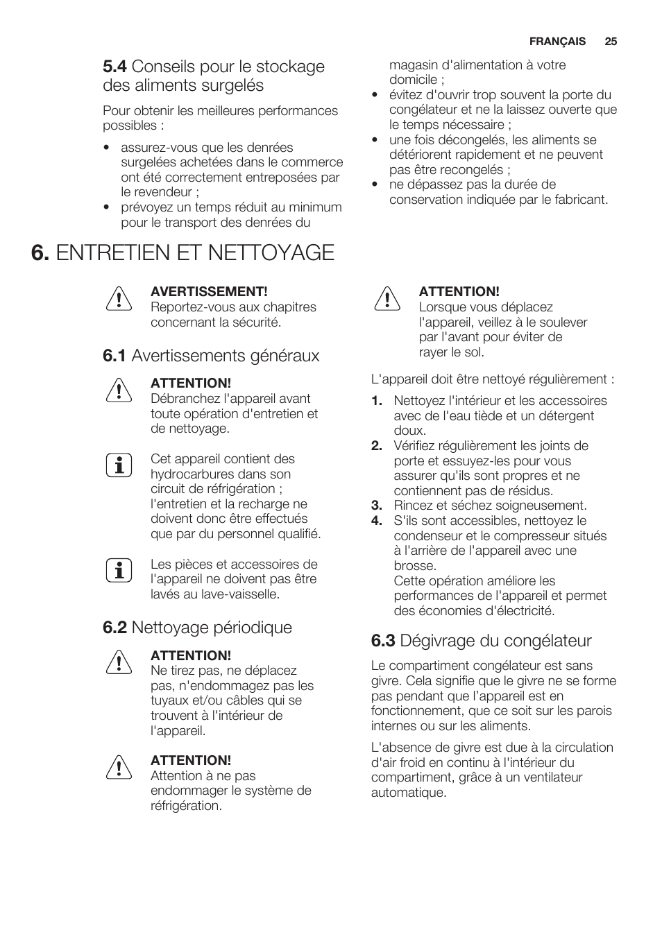 4 conseils pour le stockage des aliments surgelés, Entretien et nettoyage, 1 avertissements généraux | 2 nettoyage périodique, 3 dégivrage du congélateur | Electrolux EUN2244AOW User Manual | Page 25 / 52