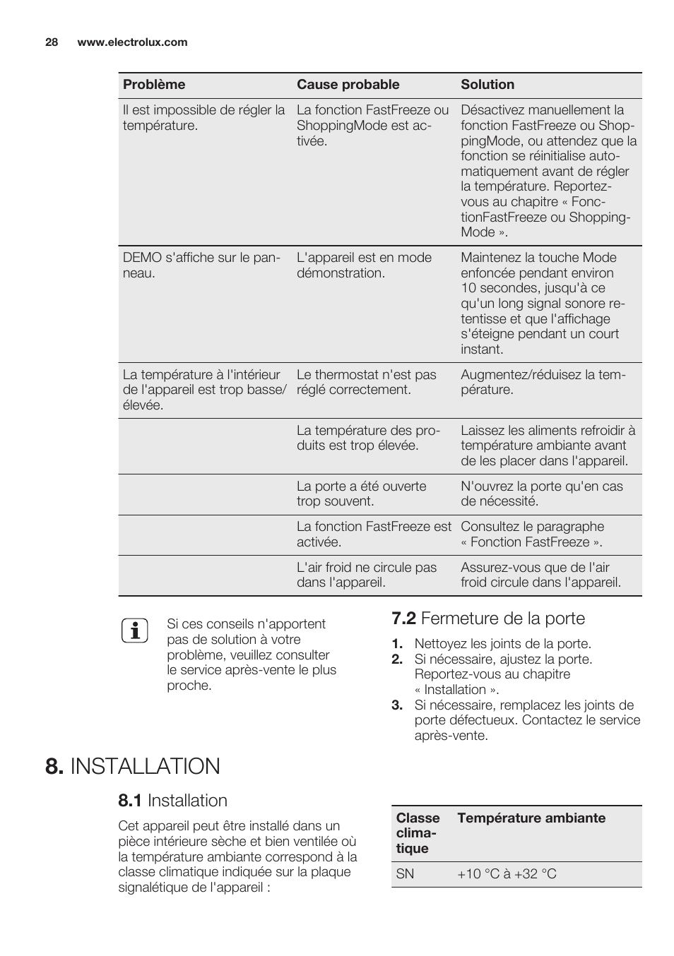 2 fermeture de la porte, Installation, 1 installation | Electrolux EUN2244AOW User Manual | Page 28 / 52