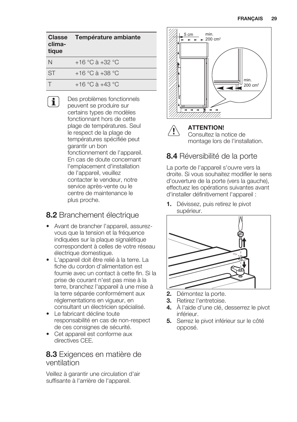 2 branchement électrique, 3 exigences en matière de ventilation, 4 réversibilité de la porte | Electrolux EUN2244AOW User Manual | Page 29 / 52