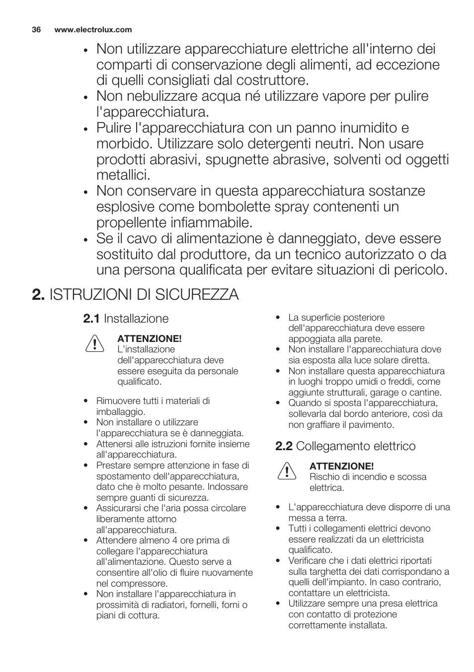 Istruzioni di sicurezza, 1 installazione, 2 collegamento elettrico | Electrolux EUN2244AOW User Manual | Page 36 / 52