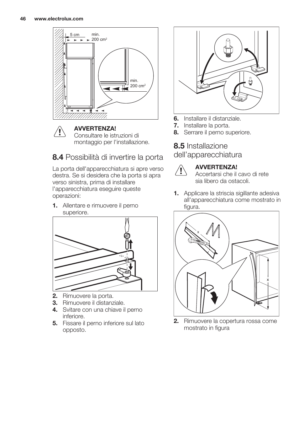 4 possibilità di invertire la porta, 5 installazione dell’apparecchiatura | Electrolux EUN2244AOW User Manual | Page 46 / 52