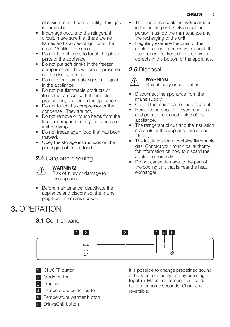 4 care and cleaning, 5 disposal, Operation | 1 control panel | Electrolux EUN2244AOW User Manual | Page 5 / 52