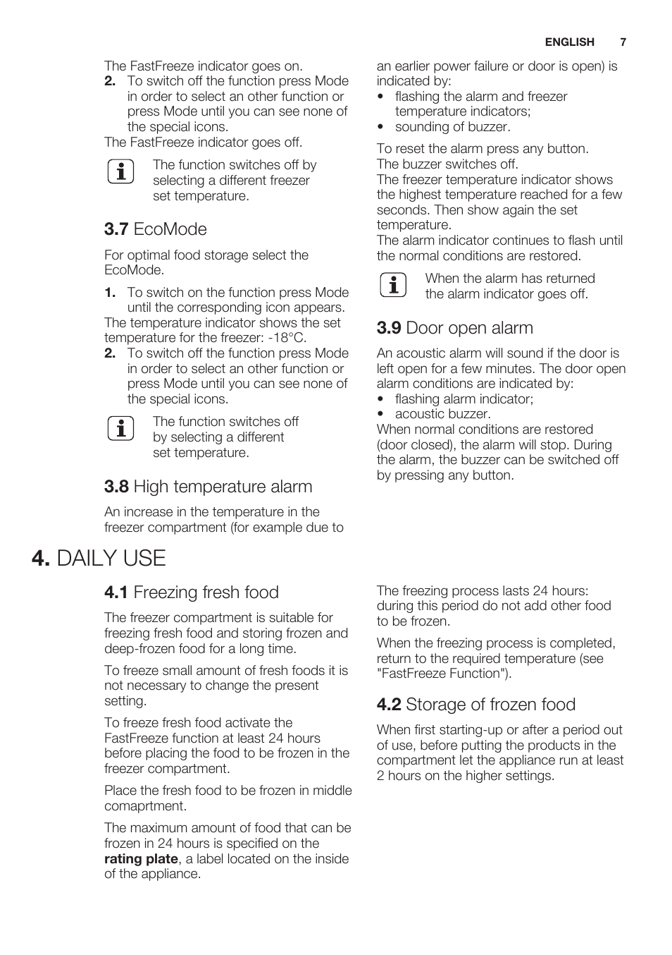 7 ecomode, 8 high temperature alarm, 9 door open alarm | Daily use, 1 freezing fresh food, 2 storage of frozen food | Electrolux EUN2244AOW User Manual | Page 7 / 52