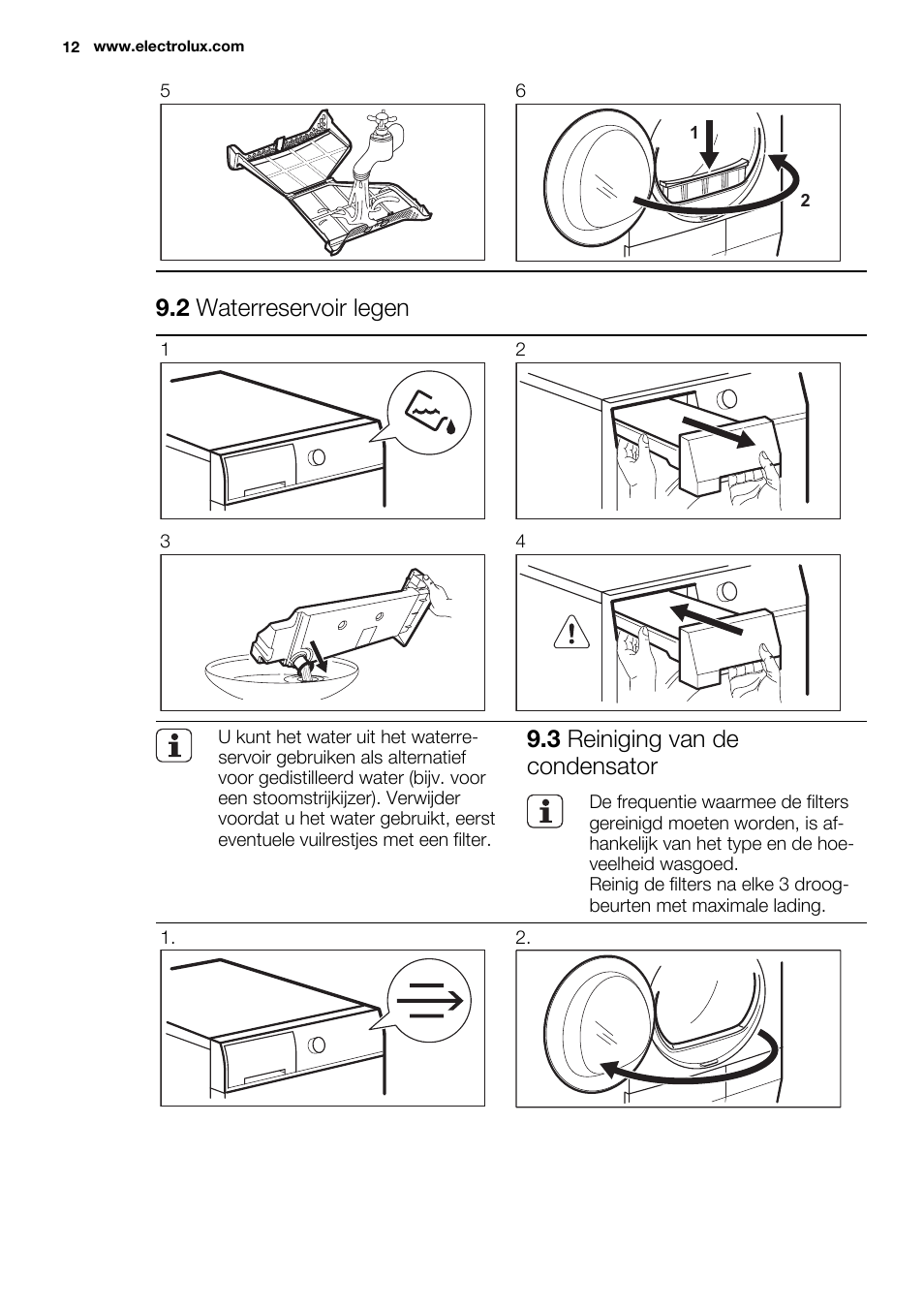 2 waterreservoir legen, 3 reiniging van de condensator | Electrolux EDH3684PDW User Manual | Page 12 / 64