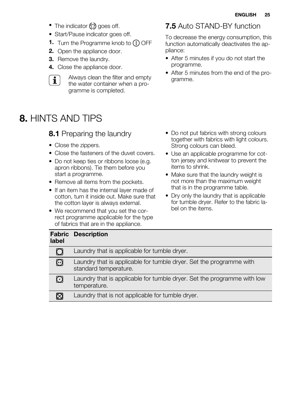 Hints and tips, 5 auto stand-by function, 1 preparing the laundry | Electrolux EDH3684PDW User Manual | Page 25 / 64