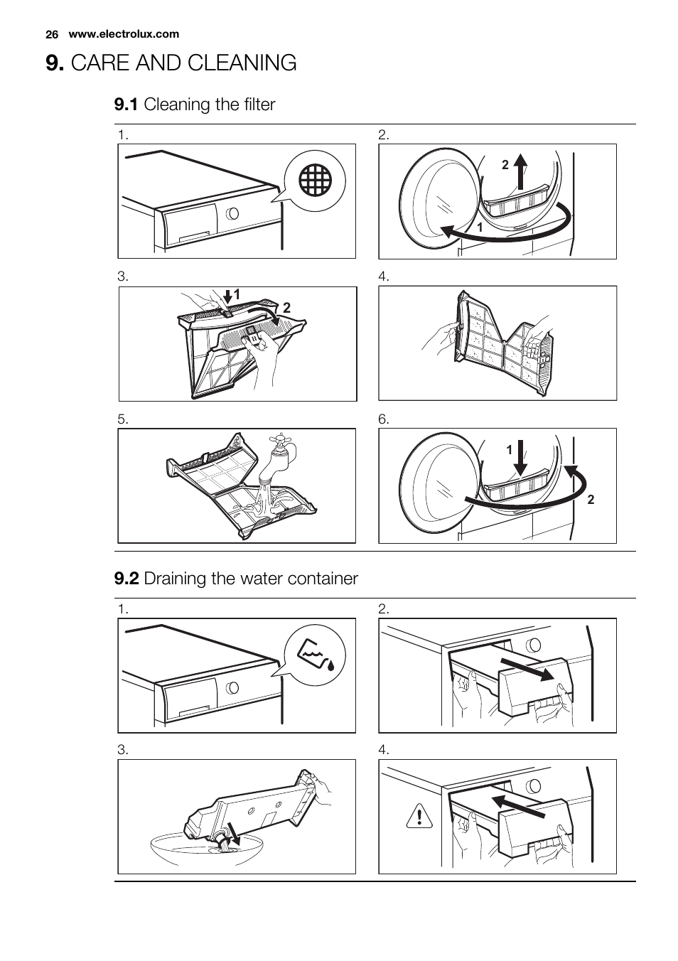 Care and cleaning, 1 cleaning the filter, 2 draining the water container | Electrolux EDH3684PDW User Manual | Page 26 / 64