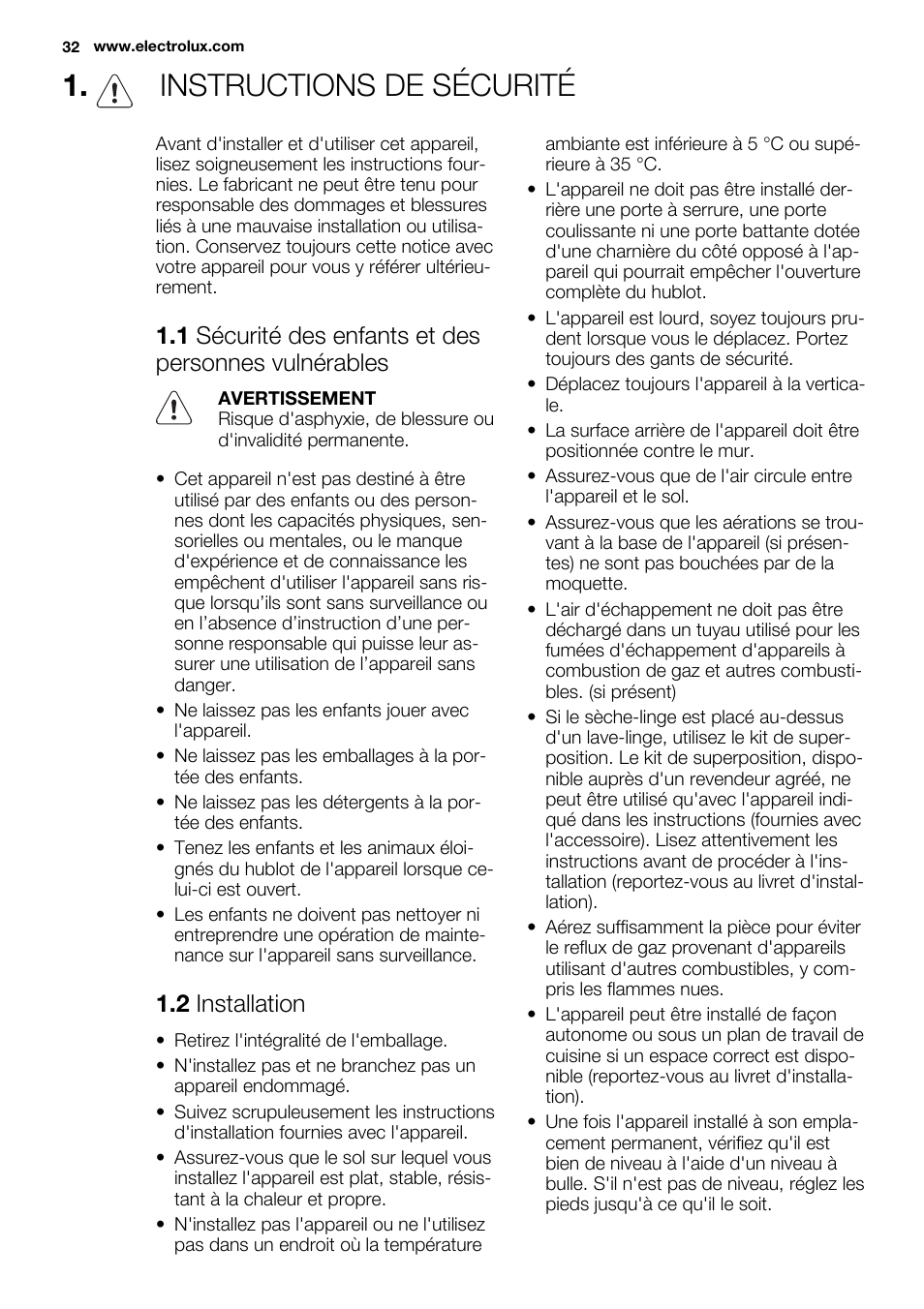 Instructions de sécurité, 2 installation | Electrolux EDH3684PDW User Manual | Page 32 / 64