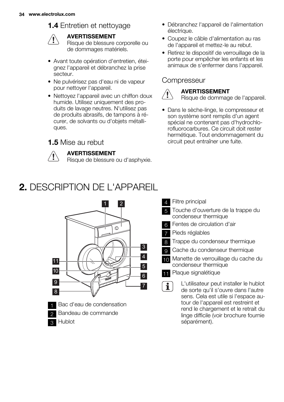 Description de l'appareil, 4 entretien et nettoyage, 5 mise au rebut | Compresseur | Electrolux EDH3684PDW User Manual | Page 34 / 64