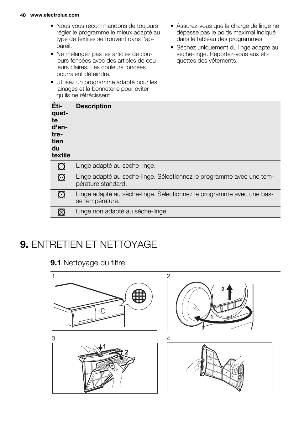 Entretien et nettoyage, 1 nettoyage du filtre | Electrolux EDH3684PDW User Manual | Page 40 / 64