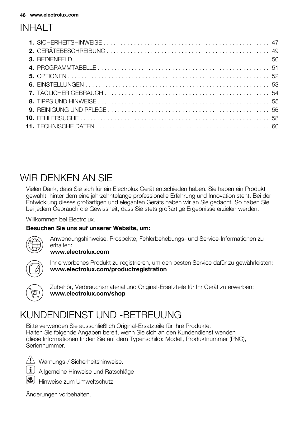 Inhalt, Wir denken an sie, Kundendienst und -betreuung | Electrolux EDH3684PDW User Manual | Page 46 / 64