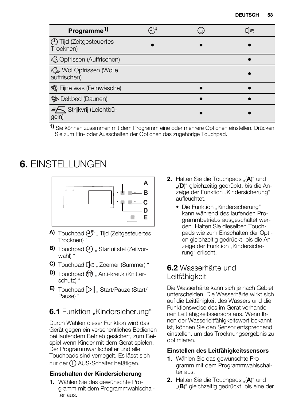 Einstellungen, 1 funktion „kindersicherung, 2 wasserhärte und leitfähigkeit | Electrolux EDH3684PDW User Manual | Page 53 / 64