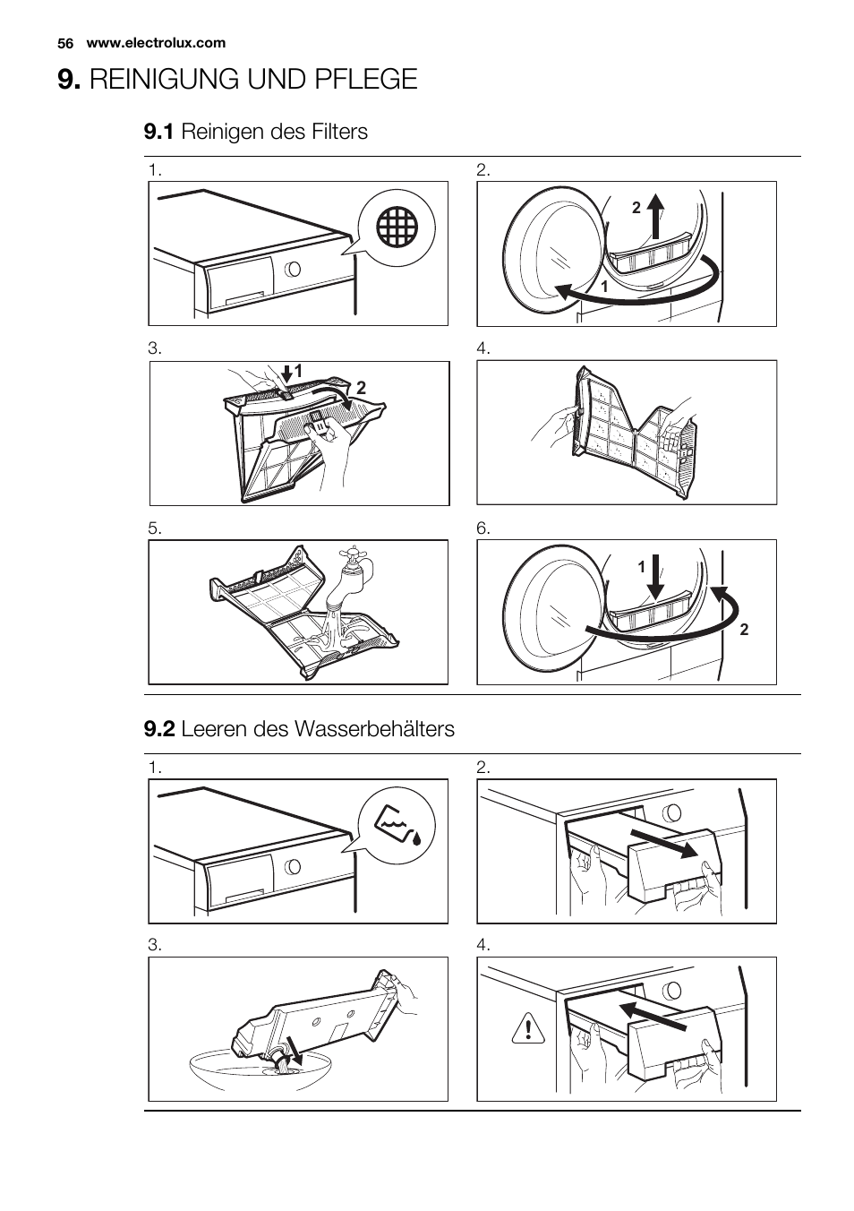Reinigung und pflege, 1 reinigen des filters, 2 leeren des wasserbehälters | Electrolux EDH3684PDW User Manual | Page 56 / 64