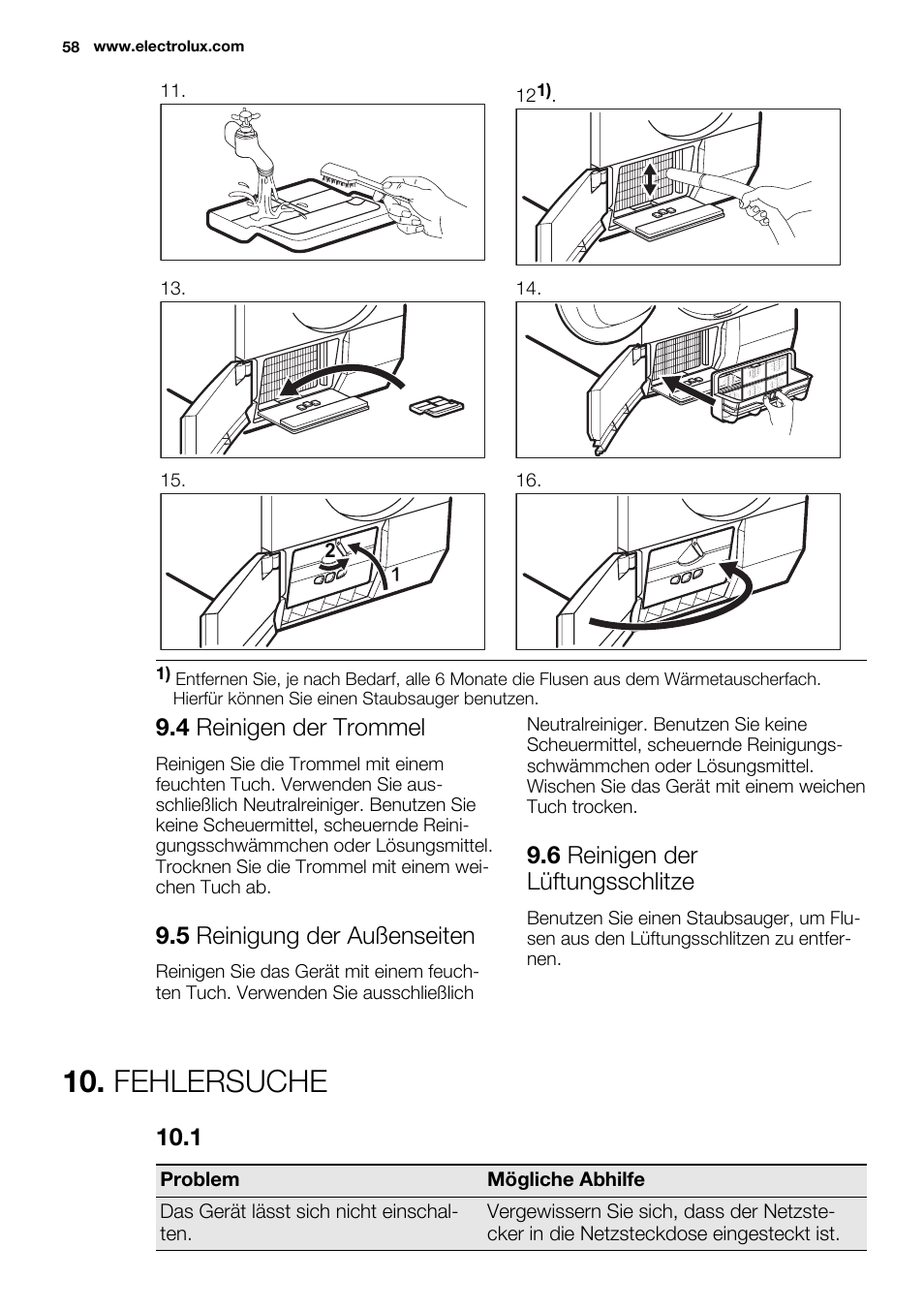 Fehlersuche, 4 reinigen der trommel, 5 reinigung der außenseiten | 6 reinigen der lüftungsschlitze | Electrolux EDH3684PDW User Manual | Page 58 / 64