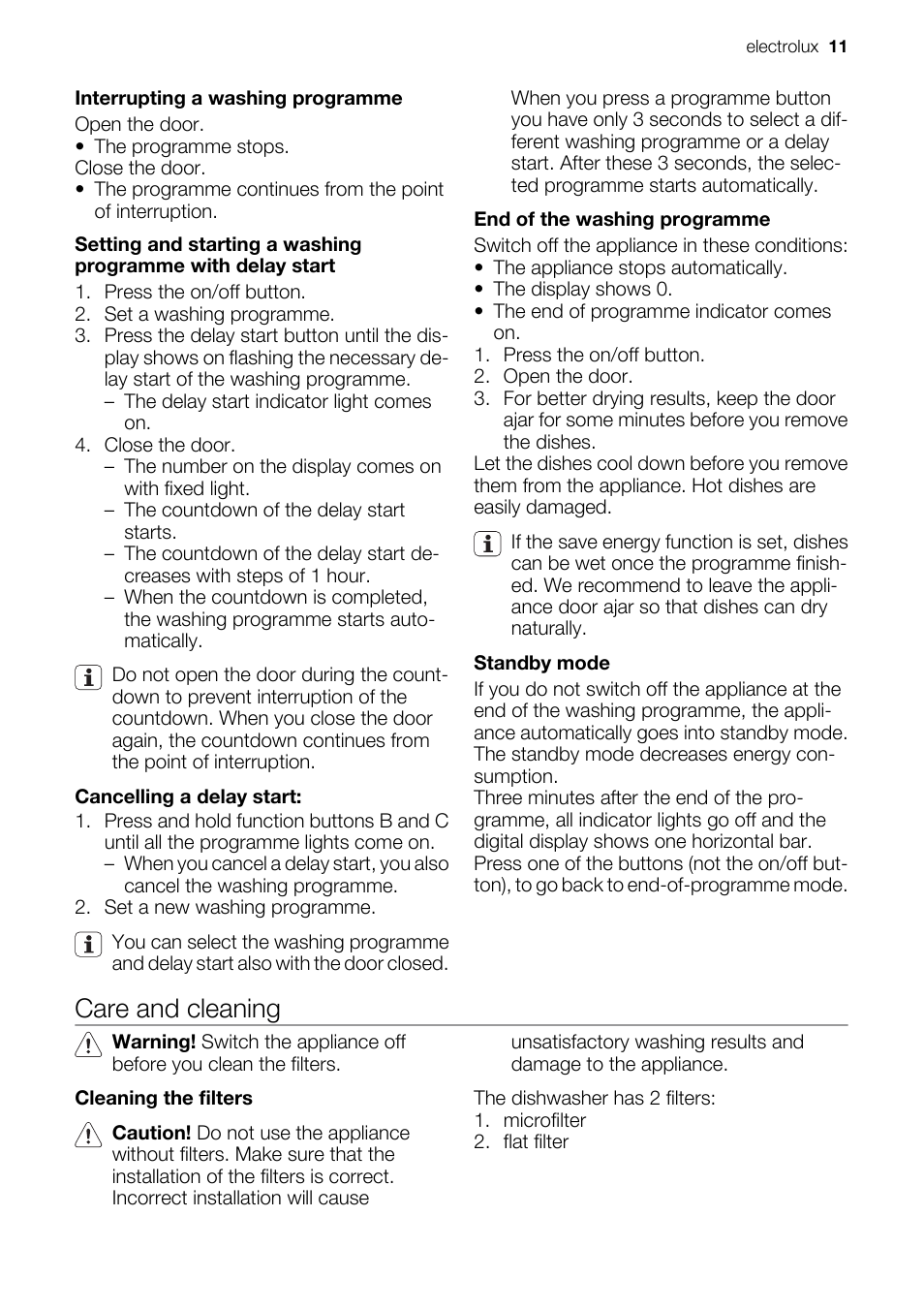 Care and cleaning | Electrolux ESF2450W User Manual | Page 11 / 68
