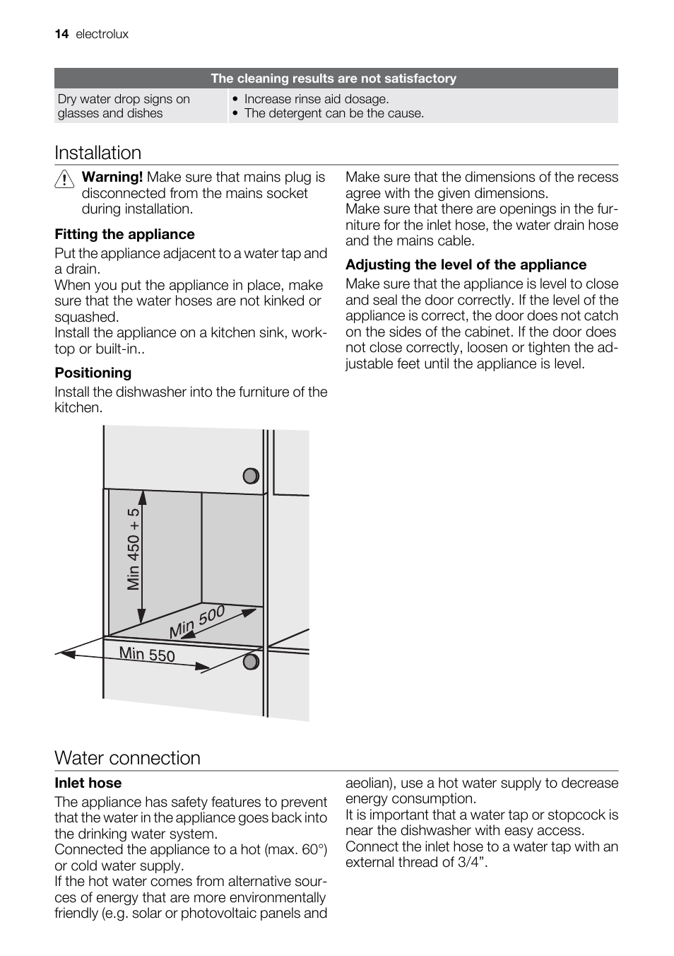 Installation, Water connection | Electrolux ESF2450W User Manual | Page 14 / 68