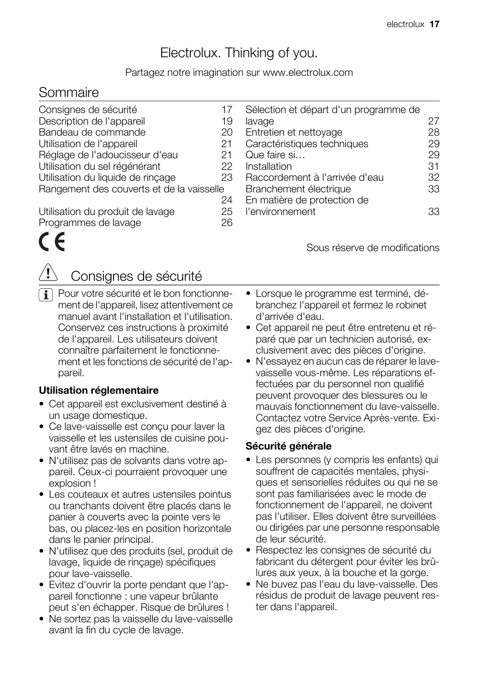 Electrolux. thinking of you, Sommaire, Consignes de sécurité | Electrolux ESF2450W User Manual | Page 17 / 68