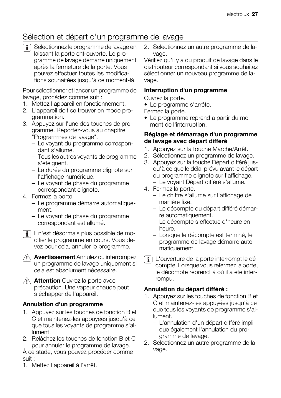 Sélection et départ d'un programme de lavage | Electrolux ESF2450W User Manual | Page 27 / 68