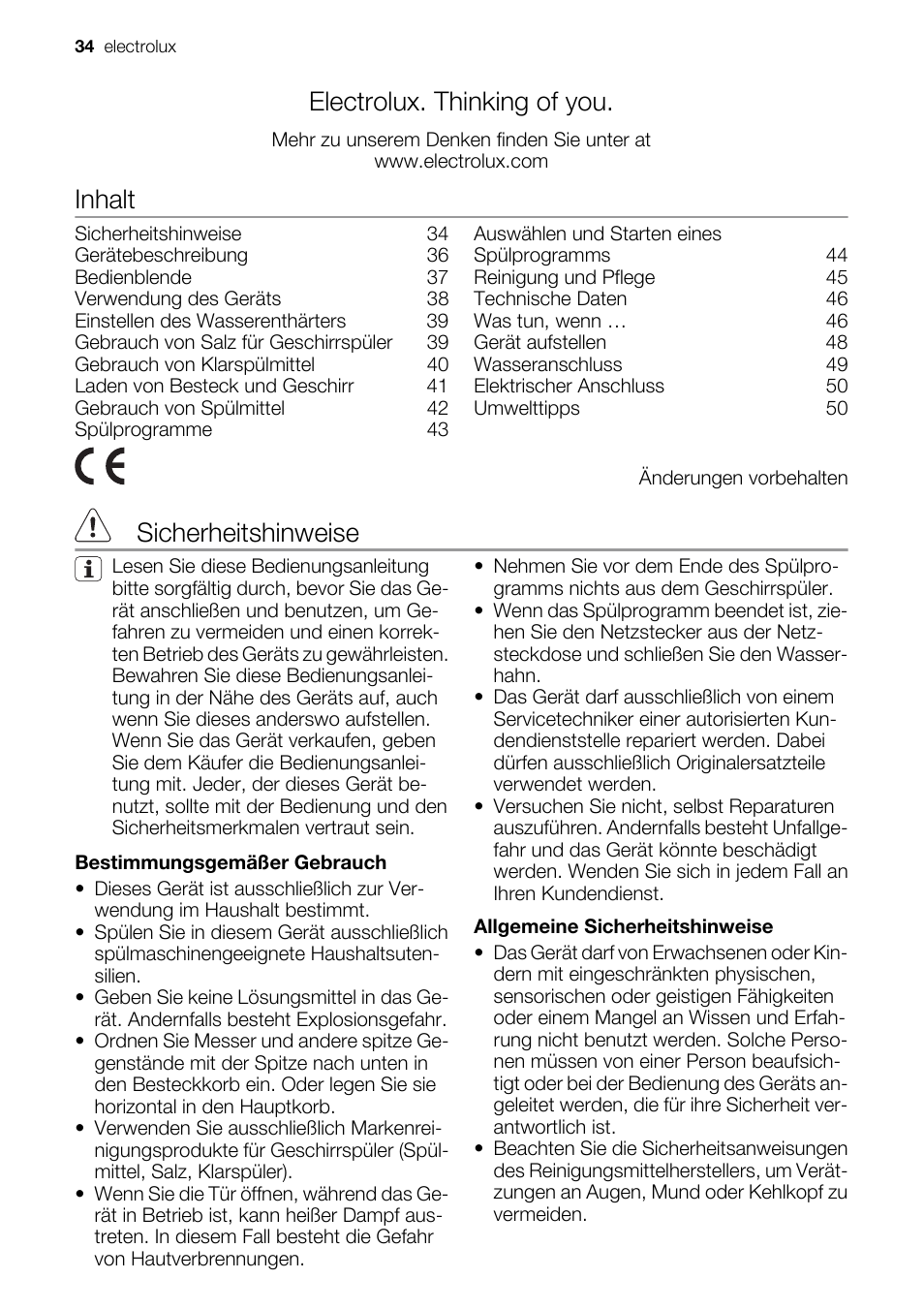 Electrolux. thinking of you, Inhalt, Sicherheitshinweise | Electrolux ESF2450W User Manual | Page 34 / 68