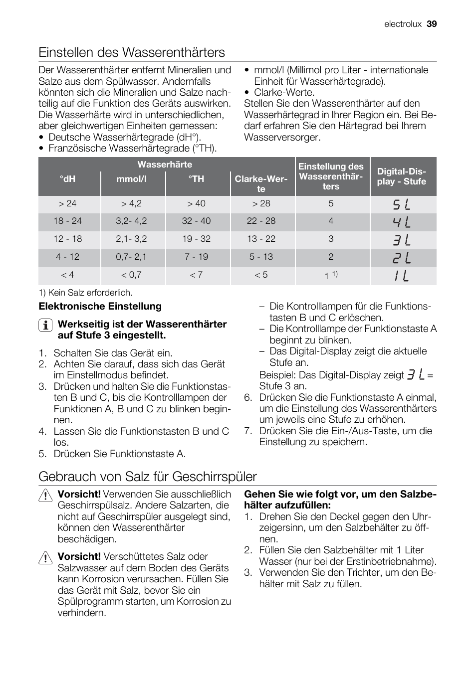 Einstellen des wasserenthärters, Gebrauch von salz für geschirrspüler | Electrolux ESF2450W User Manual | Page 39 / 68