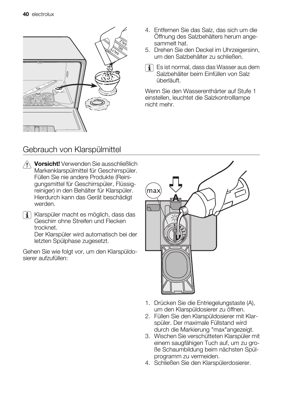 Gebrauch von klarspülmittel | Electrolux ESF2450W User Manual | Page 40 / 68