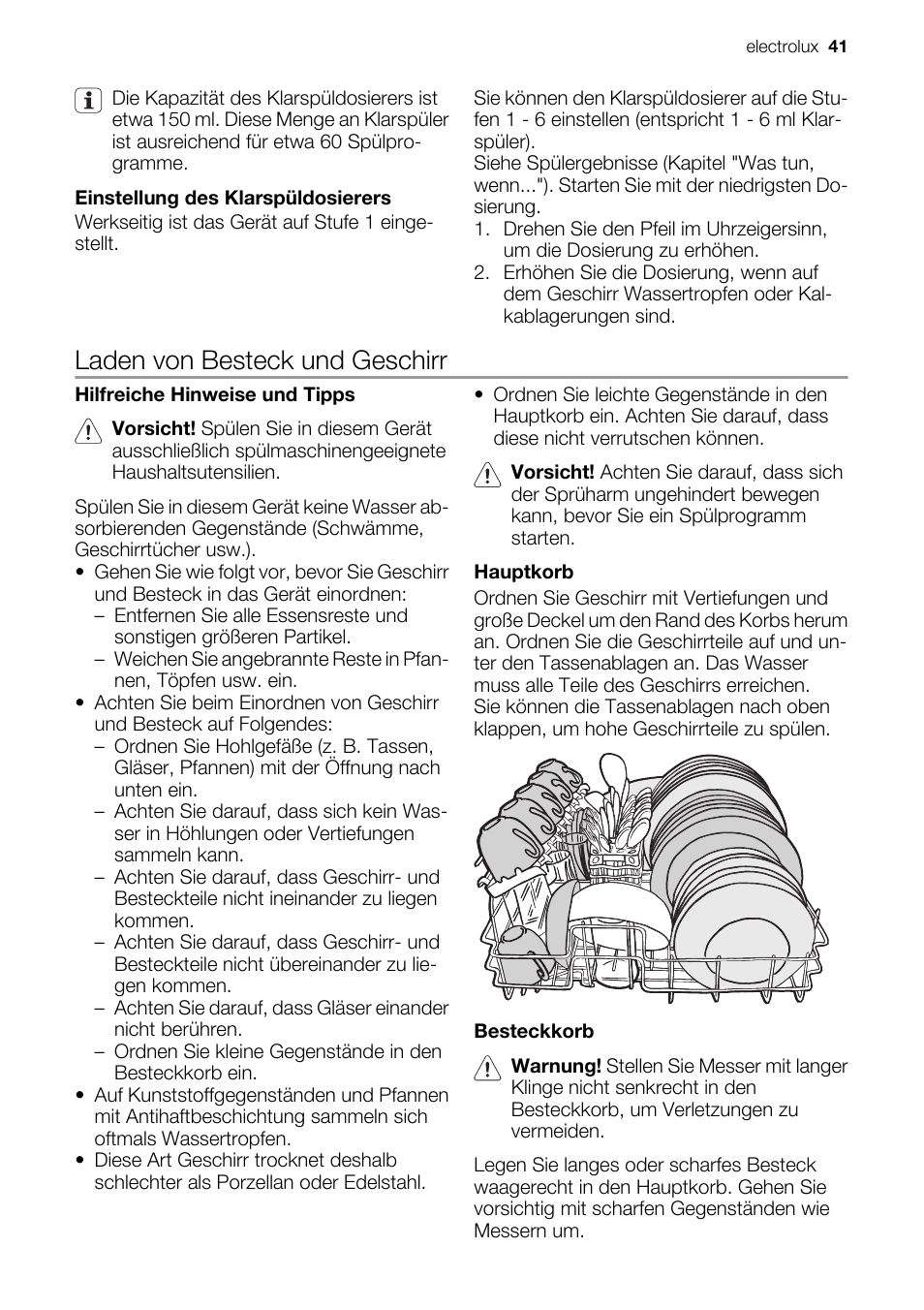 Laden von besteck und geschirr | Electrolux ESF2450W User Manual | Page 41 / 68