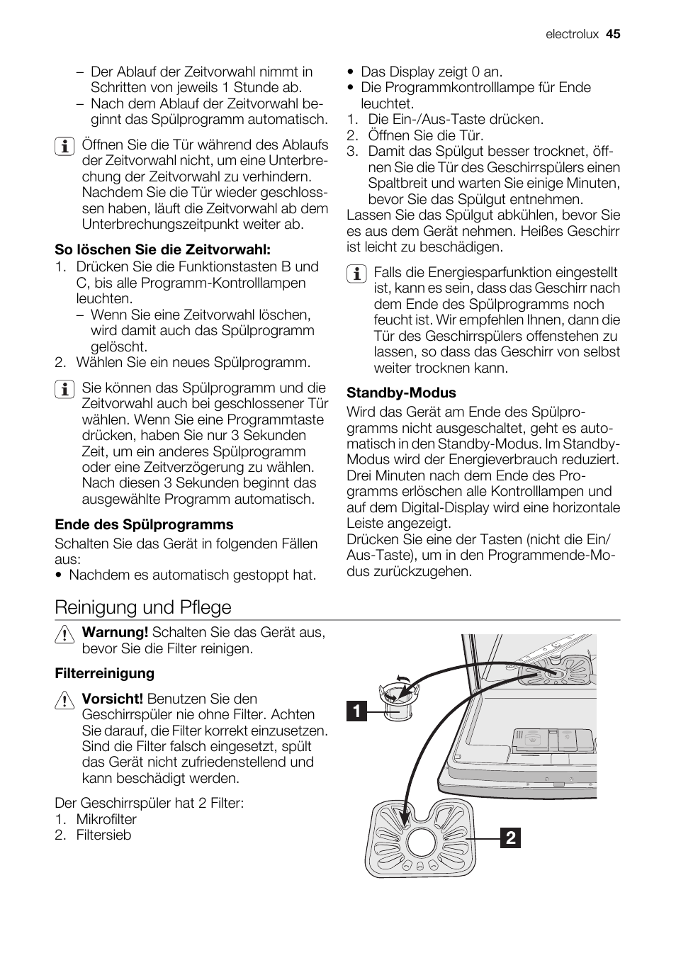 Reinigung und pflege | Electrolux ESF2450W User Manual | Page 45 / 68