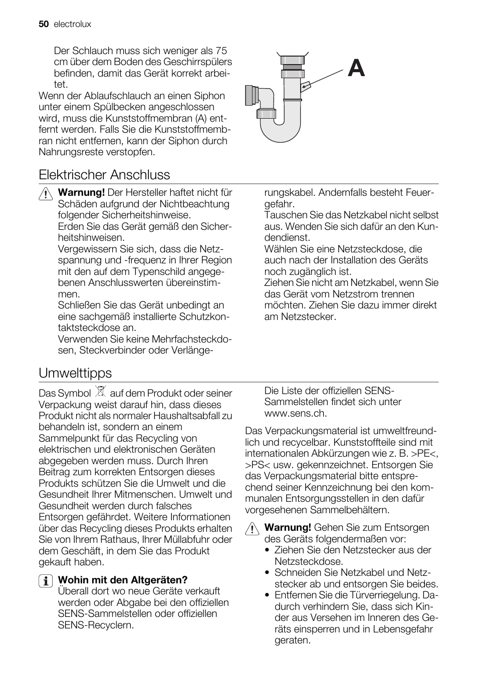 Elektrischer anschluss, Umwelttipps | Electrolux ESF2450W User Manual | Page 50 / 68