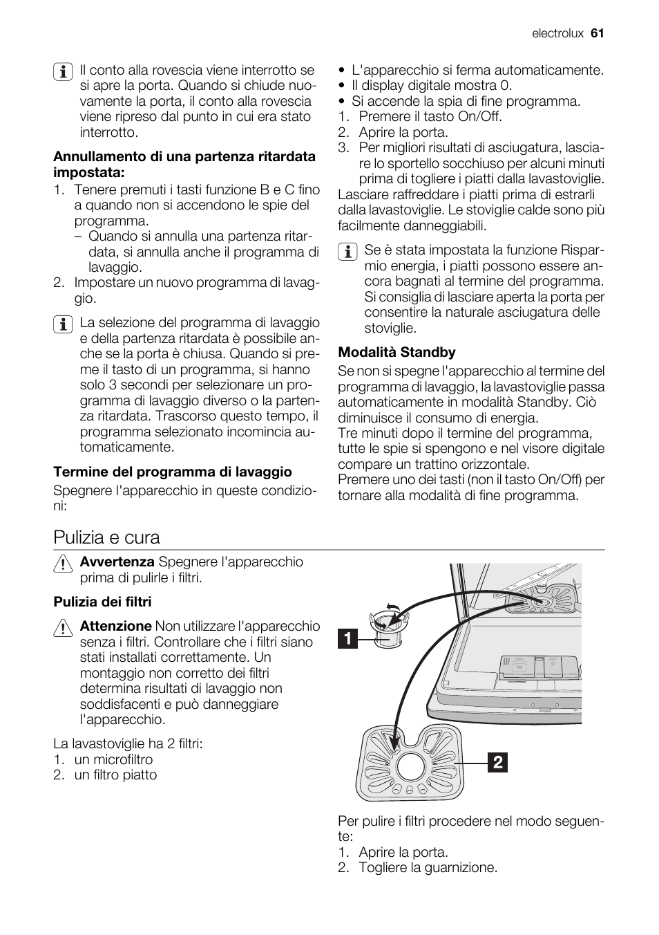 Pulizia e cura | Electrolux ESF2450W User Manual | Page 61 / 68