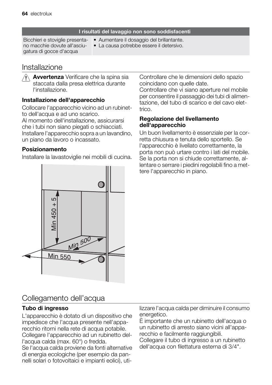 Installazione, Collegamento dell’acqua | Electrolux ESF2450W User Manual | Page 64 / 68