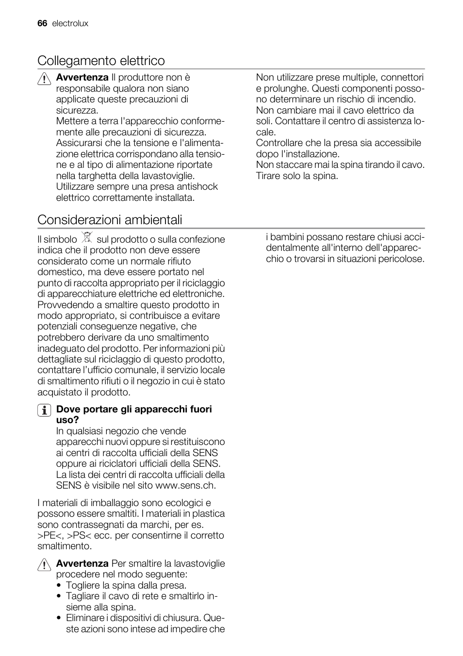 Collegamento elettrico, Considerazioni ambientali | Electrolux ESF2450W User Manual | Page 66 / 68