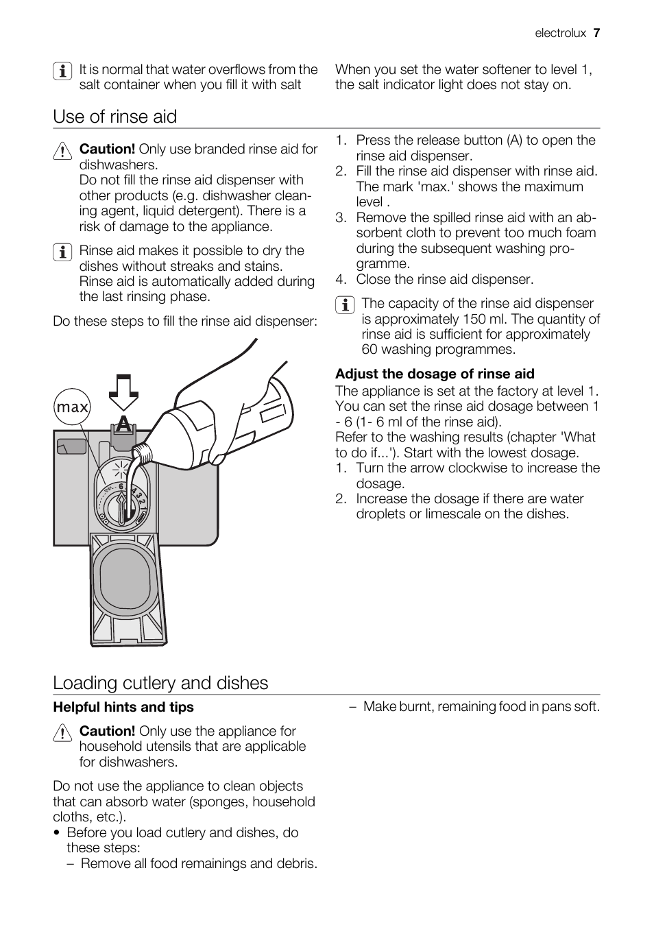 Use of rinse aid, Loading cutlery and dishes | Electrolux ESF2450W User Manual | Page 7 / 68