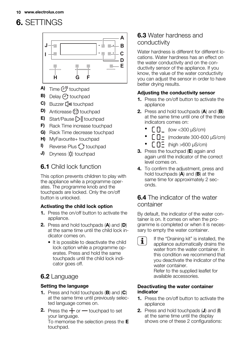 Settings, 1 child lock function, 2 language | 3 water hardness and conductivity, 4 the indicator of the water container | Electrolux EDH3498RDL User Manual | Page 10 / 72