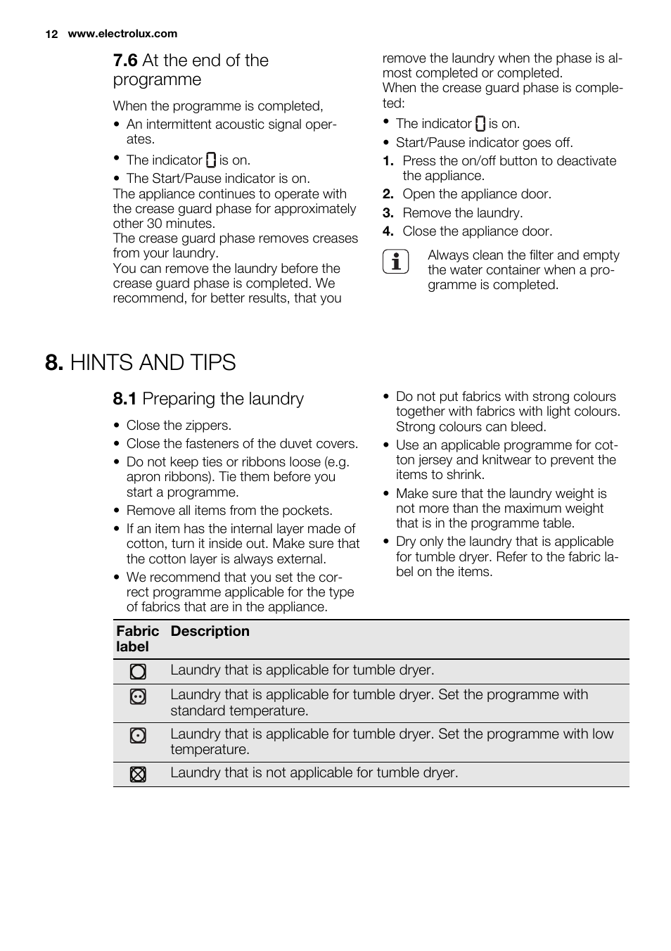 Hints and tips, 6 at the end of the programme, 1 preparing the laundry | Electrolux EDH3498RDL User Manual | Page 12 / 72