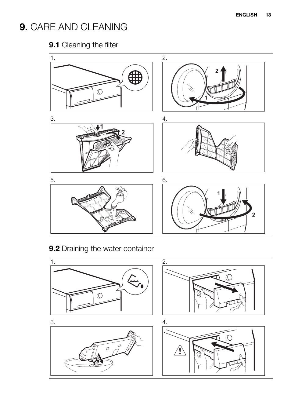Care and cleaning, 1 cleaning the filter, 2 draining the water container | Electrolux EDH3498RDL User Manual | Page 13 / 72