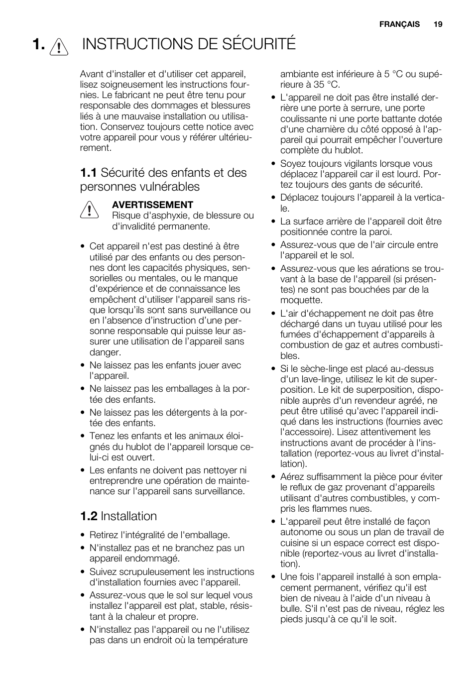 Instructions de sécurité, 2 installation | Electrolux EDH3498RDL User Manual | Page 19 / 72