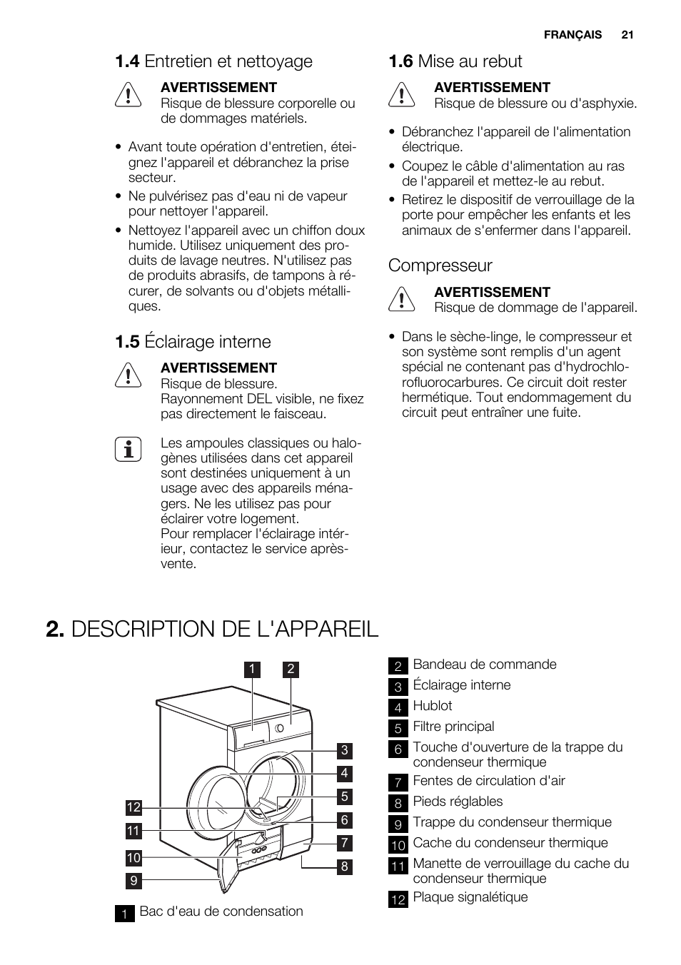 Description de l'appareil, 4 entretien et nettoyage, 5 éclairage interne | 6 mise au rebut, Compresseur | Electrolux EDH3498RDL User Manual | Page 21 / 72