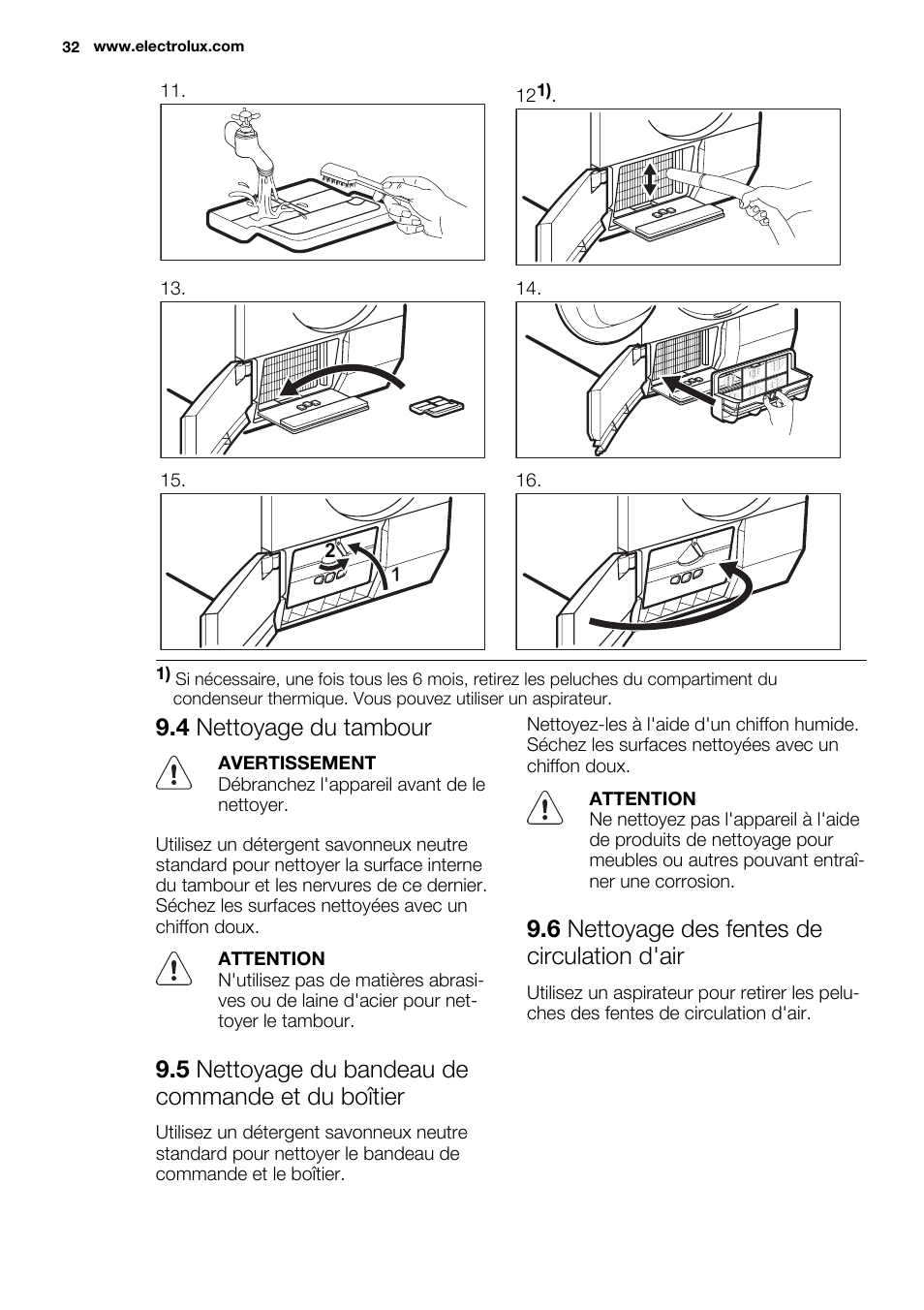 4 nettoyage du tambour, 5 nettoyage du bandeau de commande et du boîtier, 6 nettoyage des fentes de circulation d'air | Electrolux EDH3498RDL User Manual | Page 32 / 72