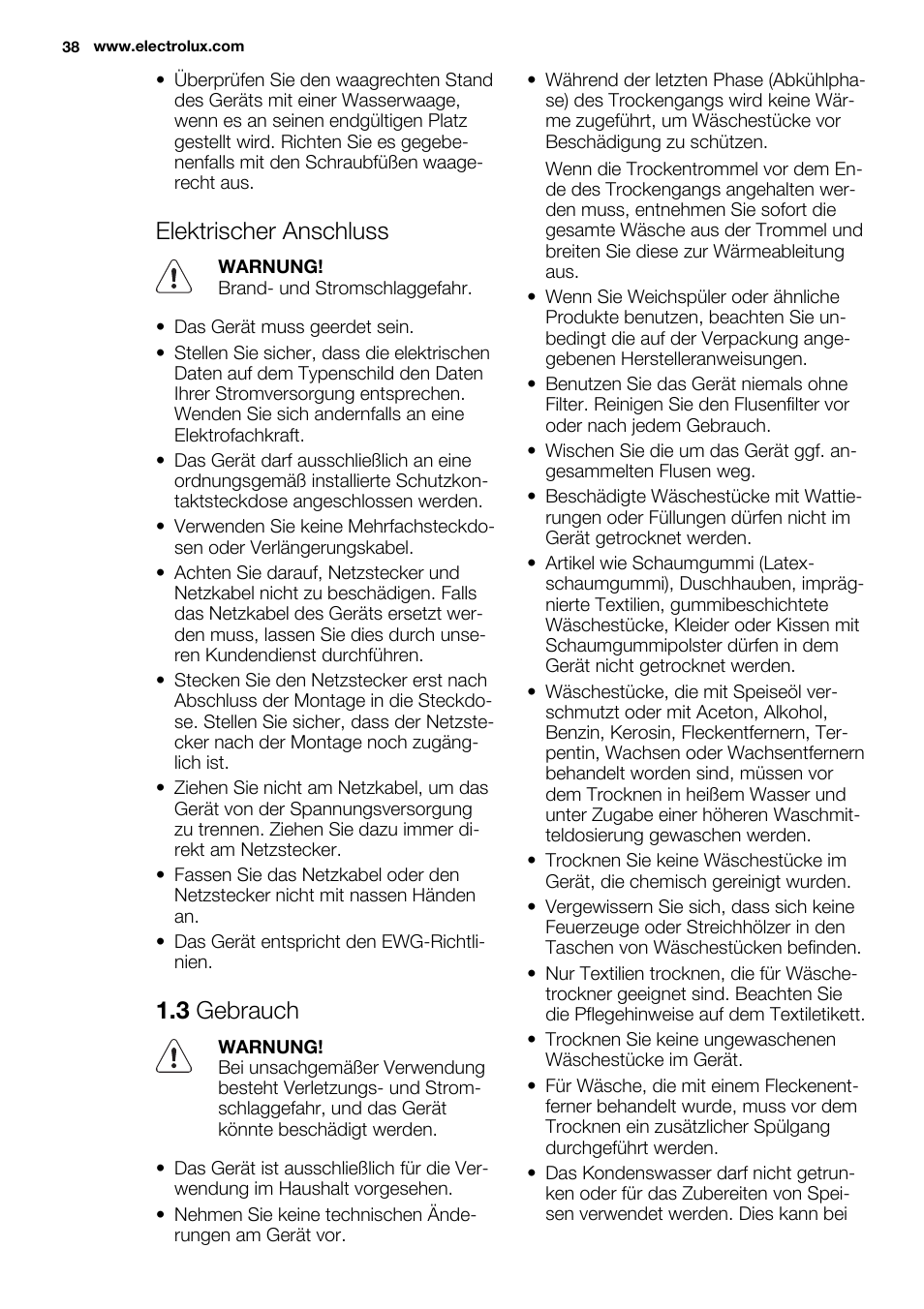 Elektrischer anschluss, 3 gebrauch | Electrolux EDH3498RDL User Manual | Page 38 / 72