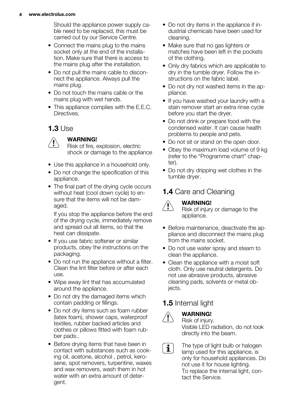 3 use, 4 care and cleaning, 5 internal light | Electrolux EDH3498RDL User Manual | Page 4 / 72