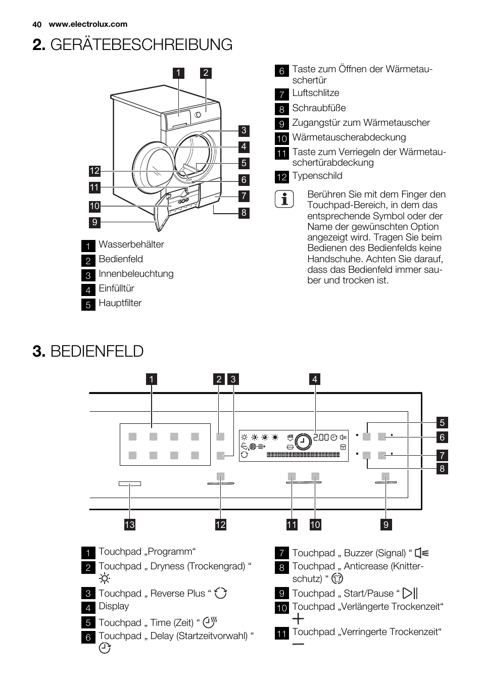 Gerätebeschreibung, Bedienfeld | Electrolux EDH3498RDL User Manual | Page 40 / 72