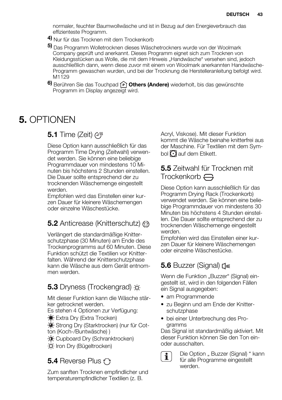 Optionen, 1 time (zeit), 2 anticrease (knitterschutz) | 3 dryness (trockengrad), 4 reverse plus, 5 zeitwahl für trocknen mit trockenkorb, 6 buzzer (signal) | Electrolux EDH3498RDL User Manual | Page 43 / 72