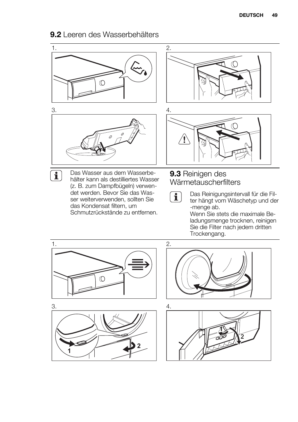2 leeren des wasserbehälters, 3 reinigen des wärmetauscherfilters | Electrolux EDH3498RDL User Manual | Page 49 / 72