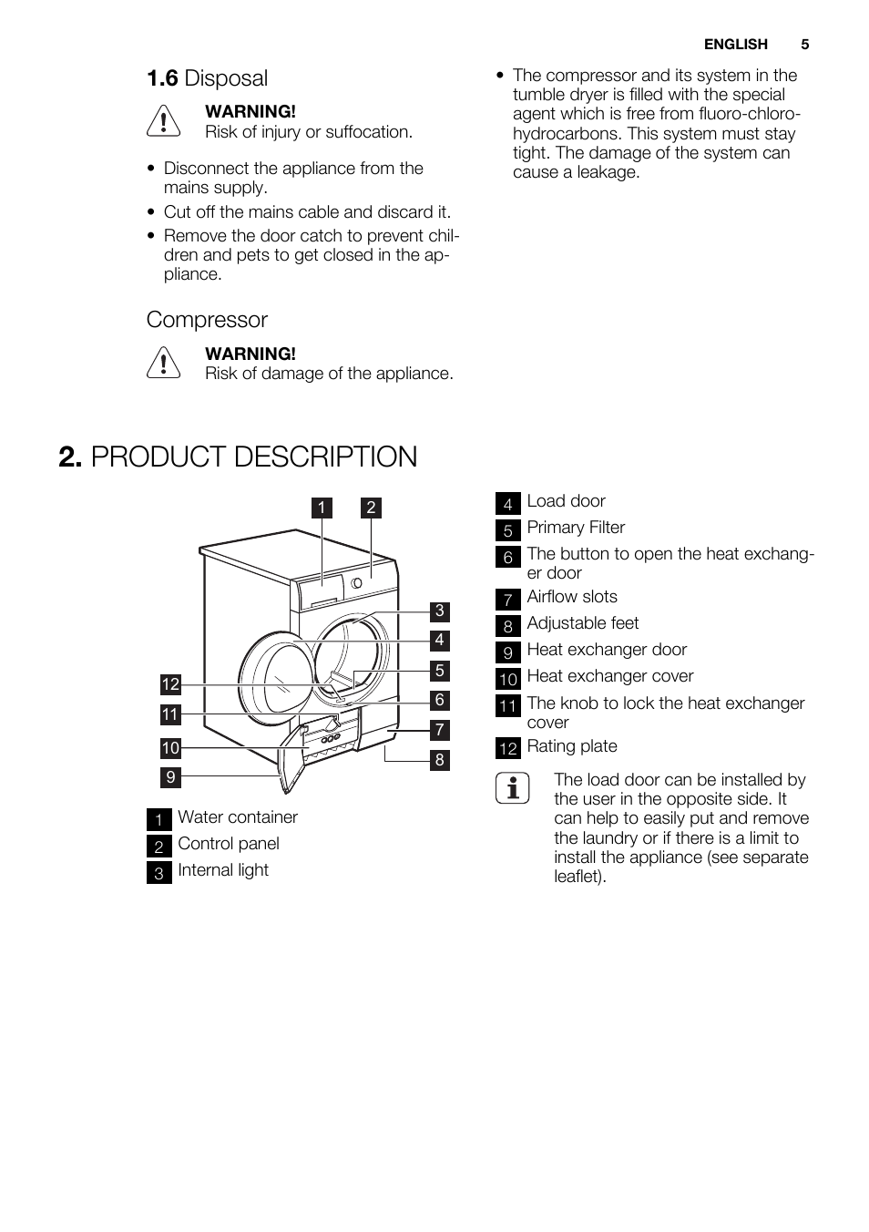 Product description, 6 disposal, Compressor | Electrolux EDH3498RDL User Manual | Page 5 / 72