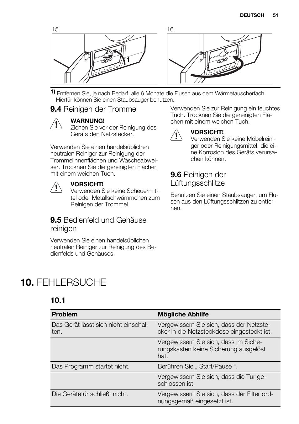 Fehlersuche, 4 reinigen der trommel, 5 bedienfeld und gehäuse reinigen | 6 reinigen der lüftungsschlitze | Electrolux EDH3498RDL User Manual | Page 51 / 72