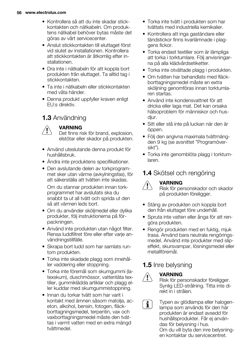 3 användning, 4 skötsel och rengöring, 5 inre belysning | Electrolux EDH3498RDL User Manual | Page 56 / 72