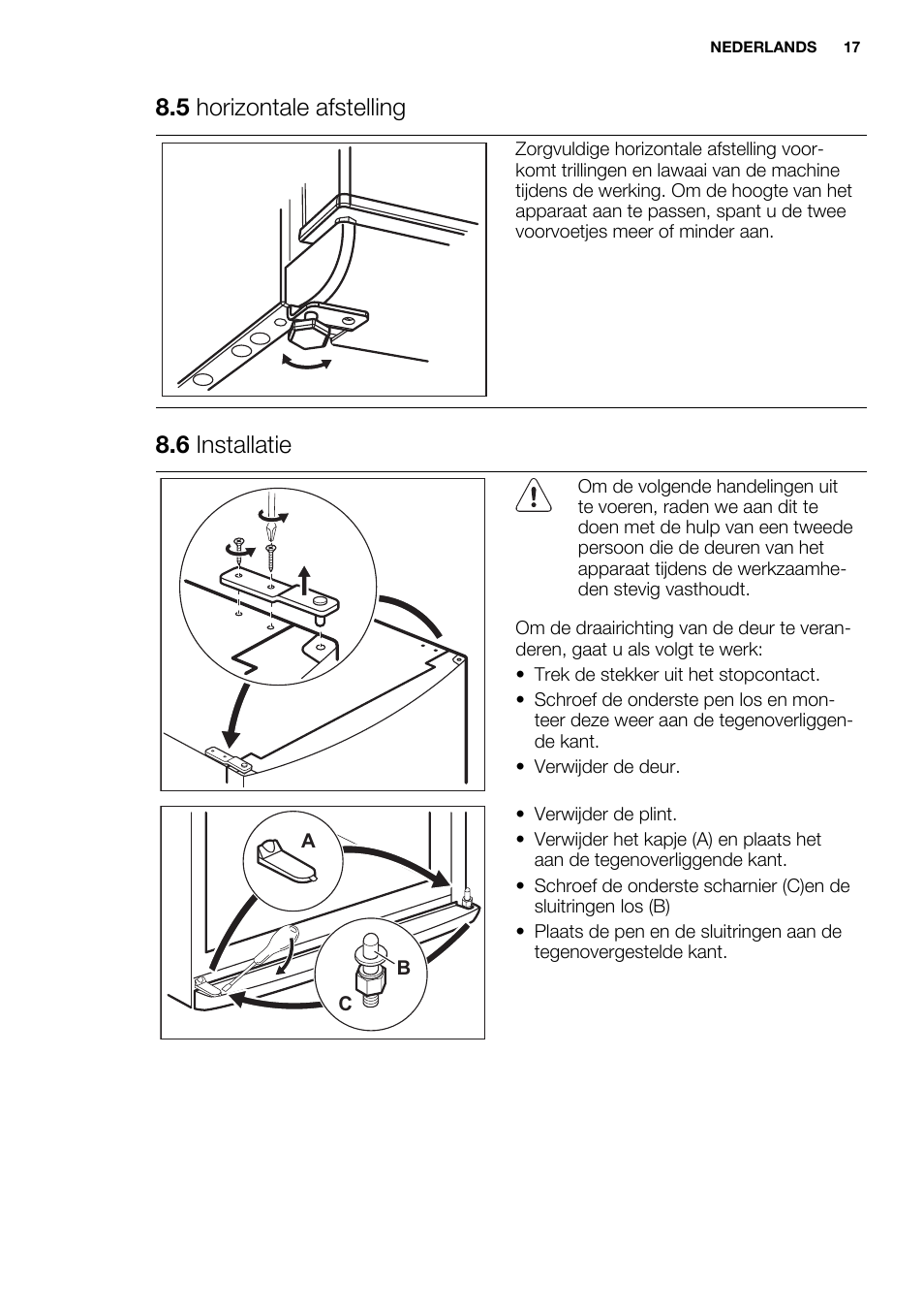 5 horizontale afstelling, 6 installatie | Electrolux ERF4112AOW User Manual | Page 17 / 80
