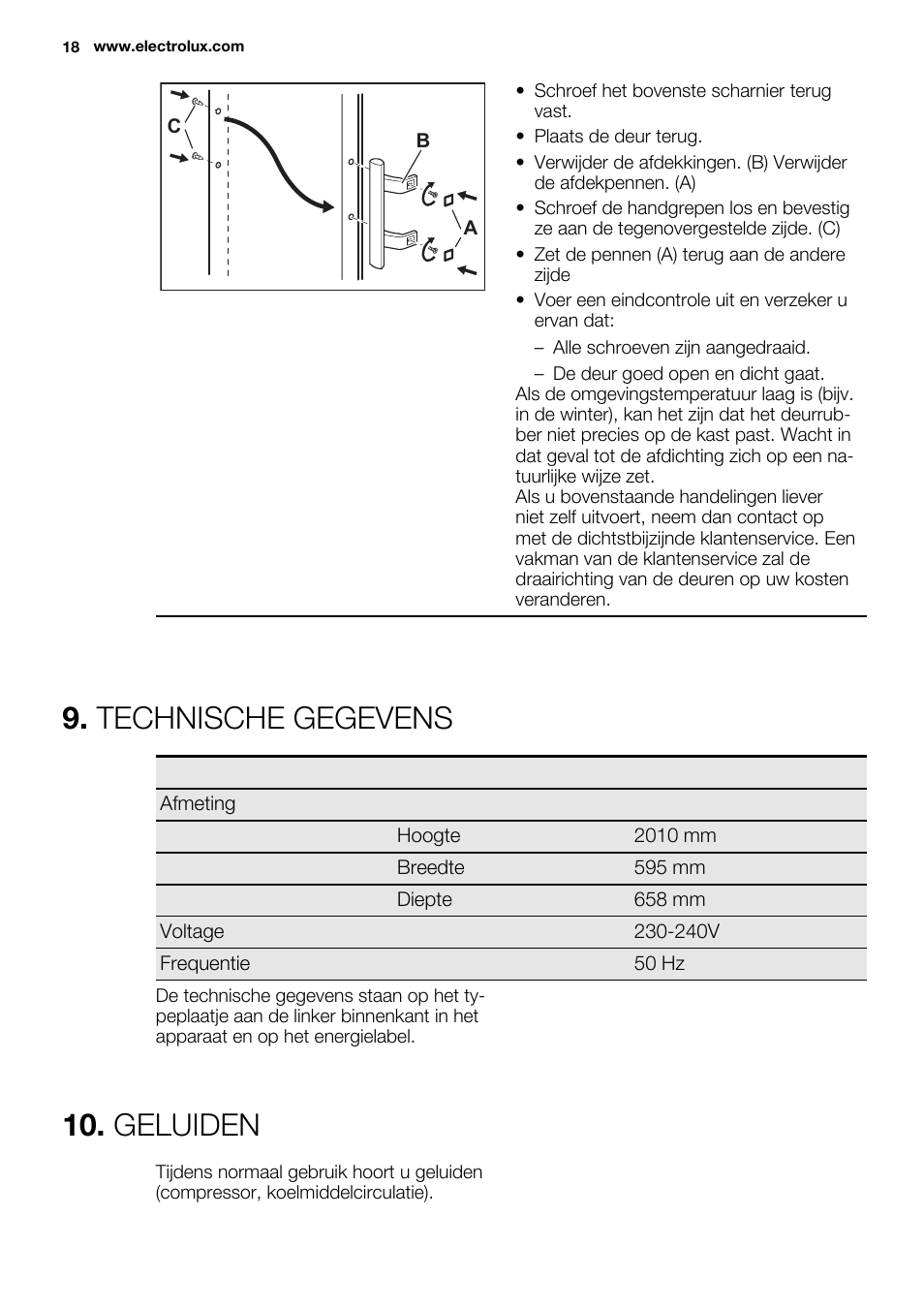 Technische gegevens, Geluiden | Electrolux ERF4112AOW User Manual | Page 18 / 80