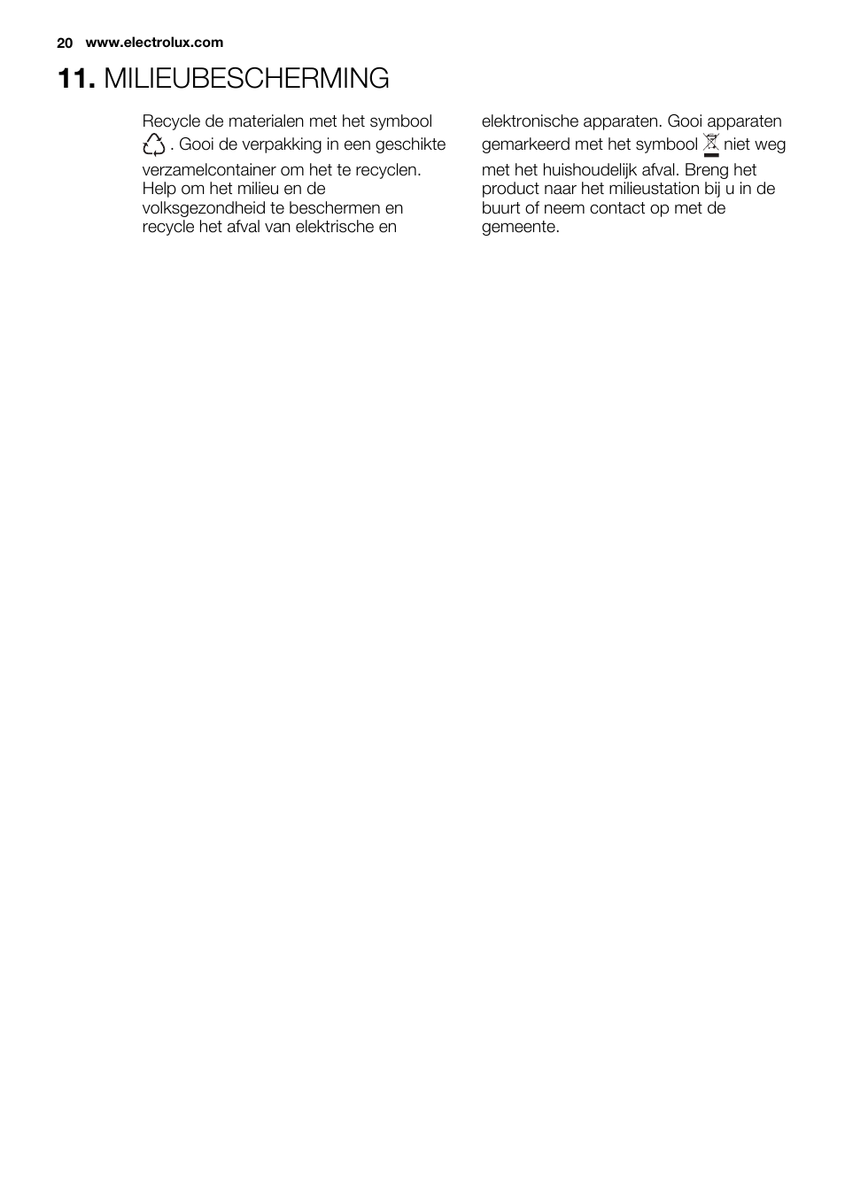 Milieubescherming | Electrolux ERF4112AOW User Manual | Page 20 / 80