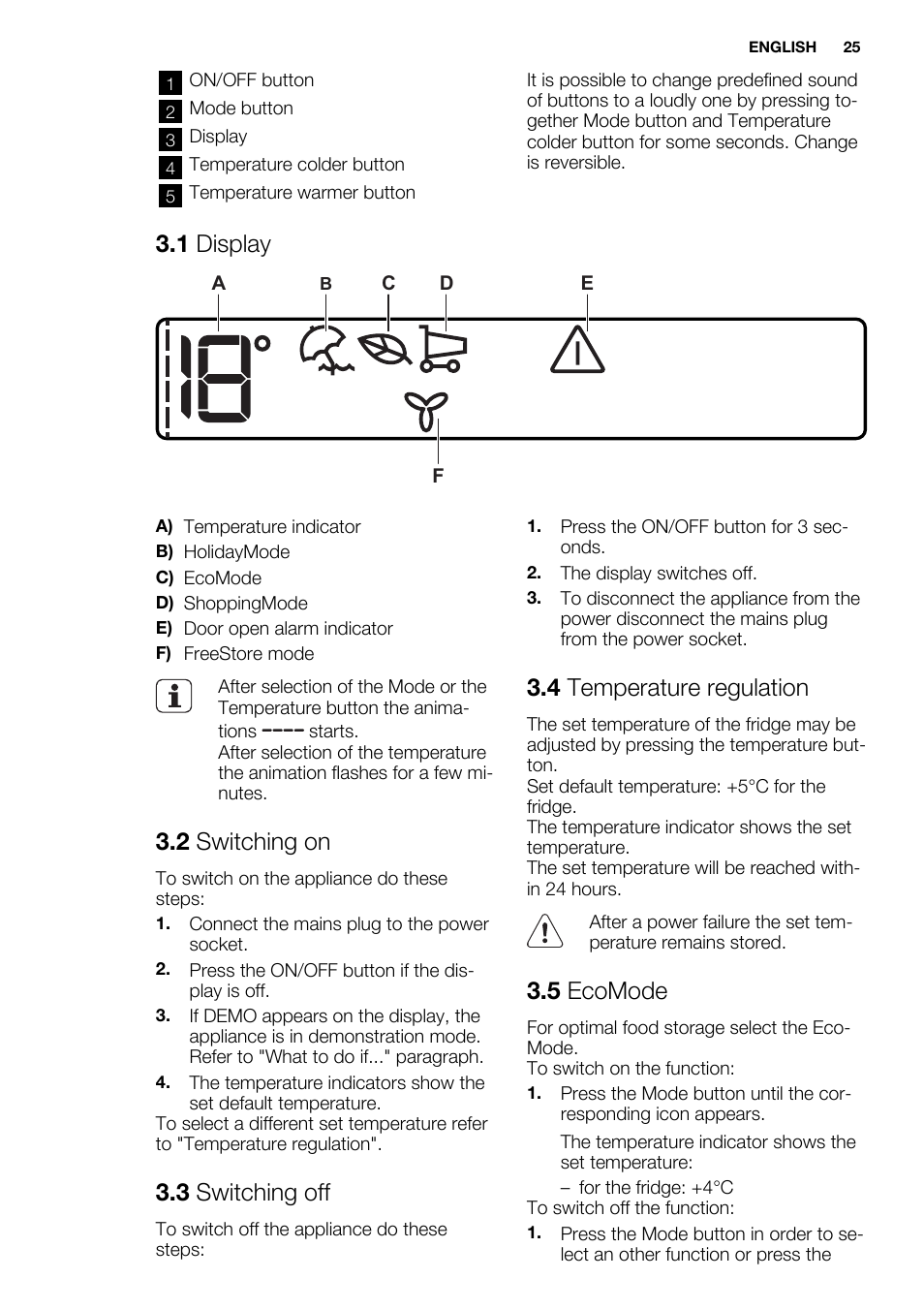 1 display, 2 switching on, 3 switching off | 4 temperature regulation, 5 ecomode | Electrolux ERF4112AOW User Manual | Page 25 / 80