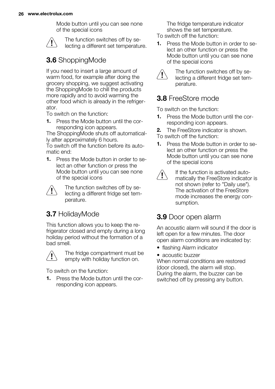 6 shoppingmode, 7 holidaymode, 8 freestore mode | 9 door open alarm | Electrolux ERF4112AOW User Manual | Page 26 / 80